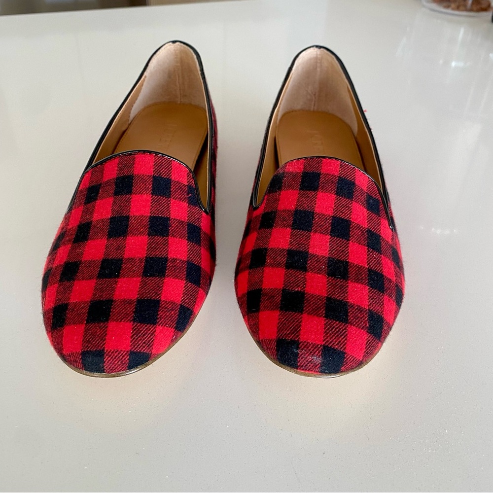 EUC J.Crew Red & Black Buffalo Plaid Loafers Sz 9, fits like 8.5 - Picture 2 of 7